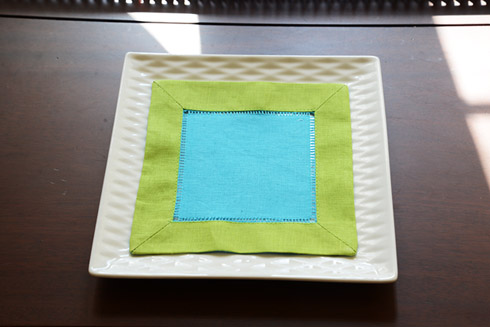 Multicllor Hemstitch Cocktail Napkin 6". Aqua & Hot Green color - Click Image to Close